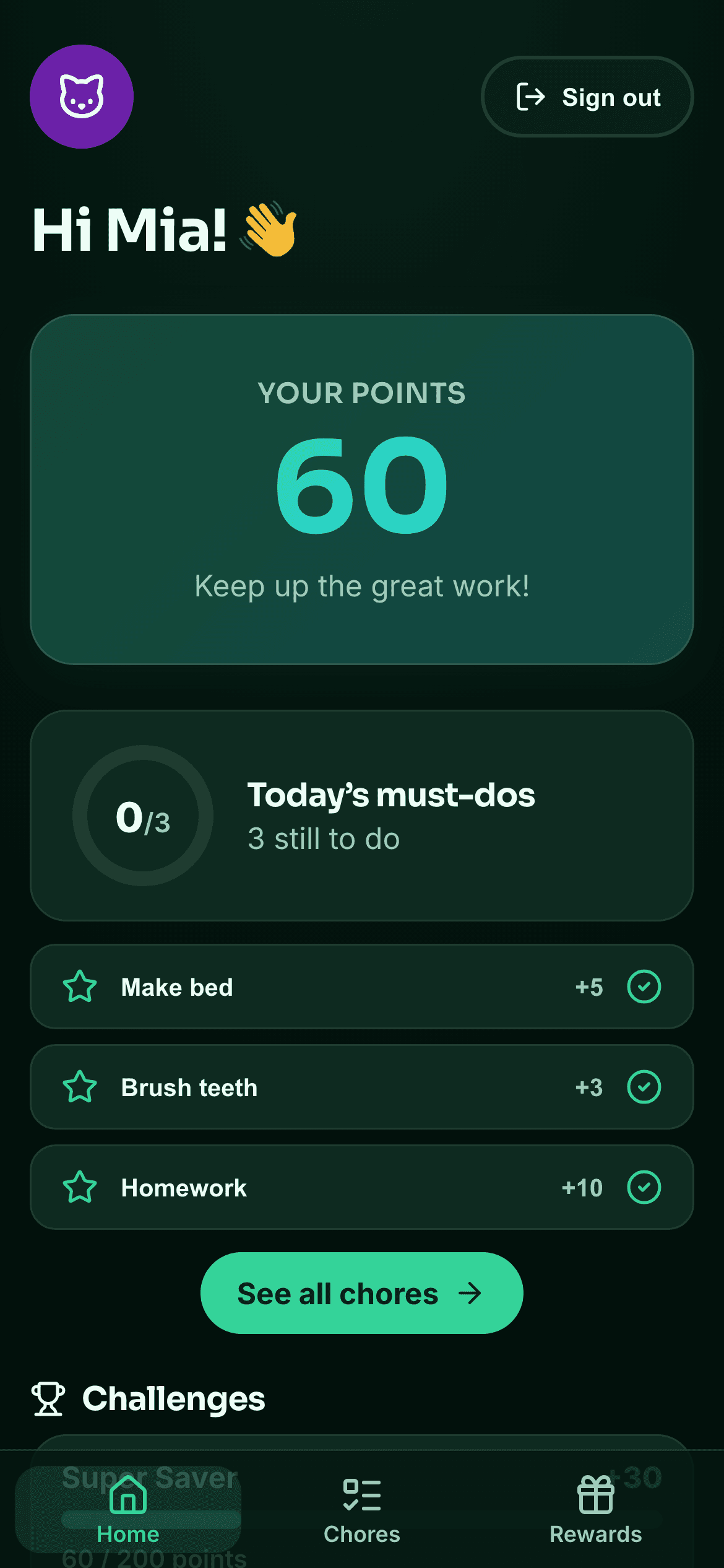 A kid’s Pointsy home screen with a big points balance and today’s chores