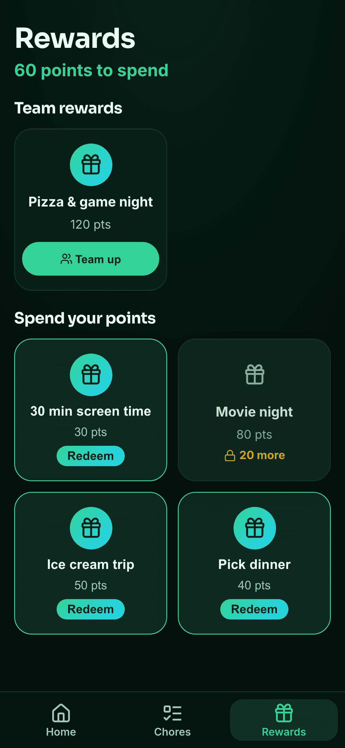 Kid rewards screen with redeemable rewards and a team-up option