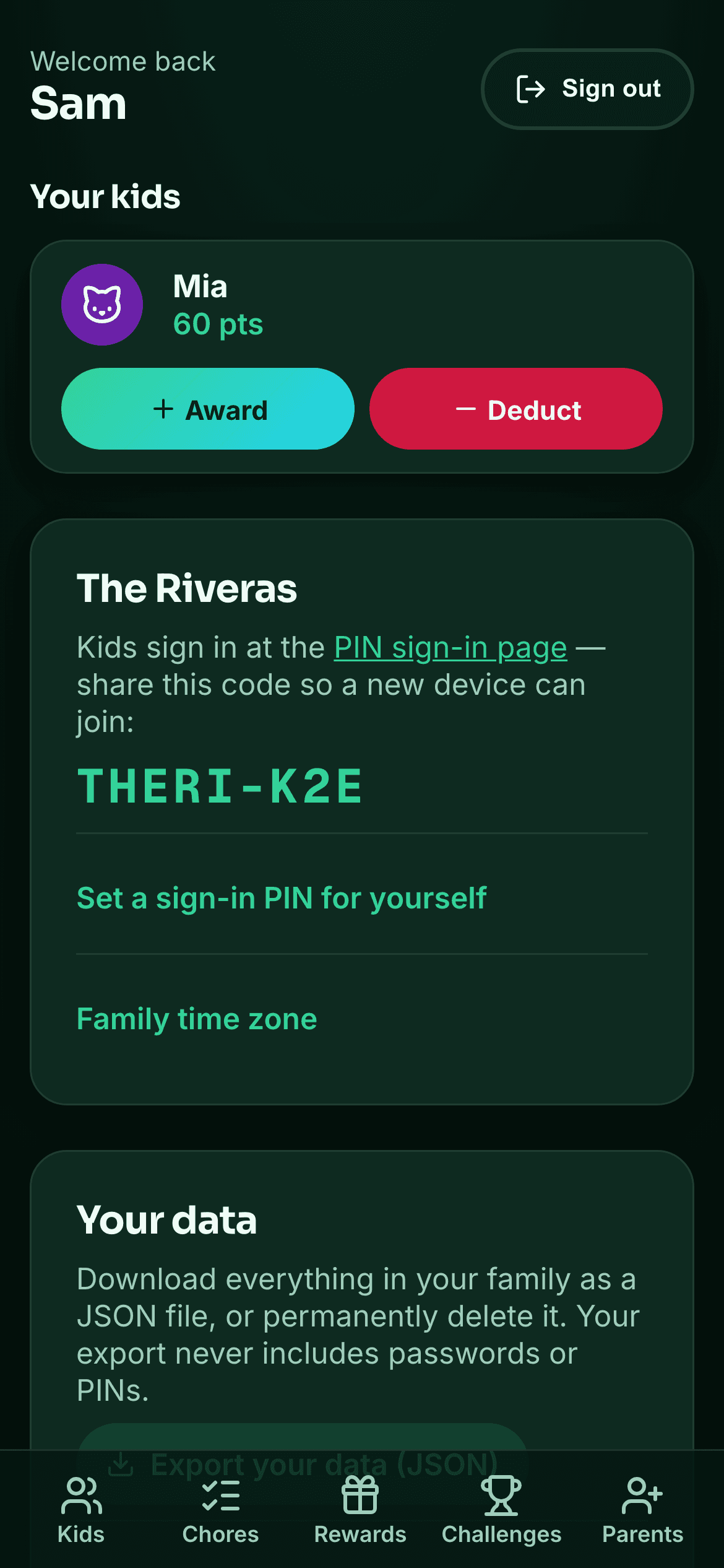 Pointsy parent dashboard with pending approvals and kid balances